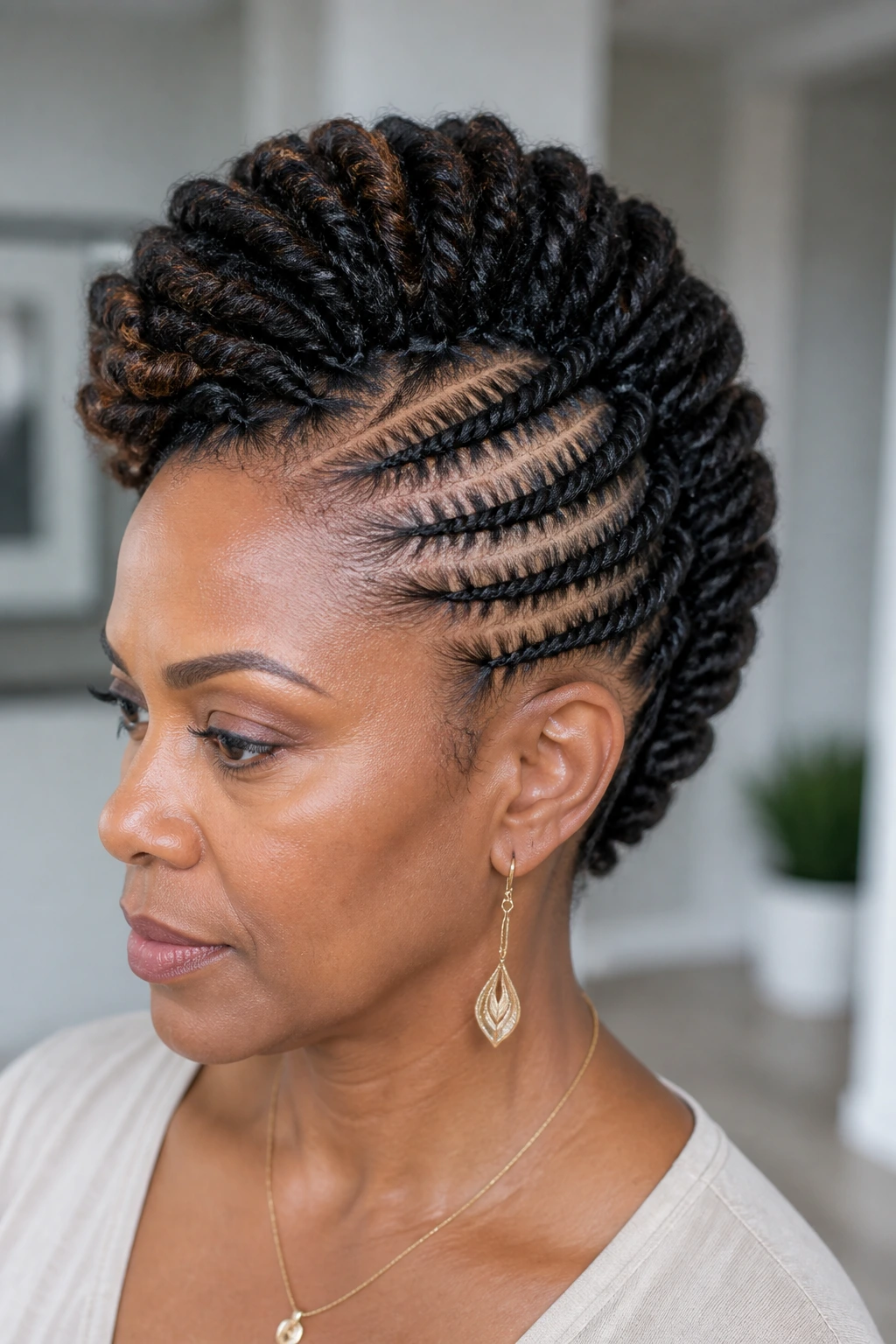 Real woman with twisted crown mohawk hairstyle