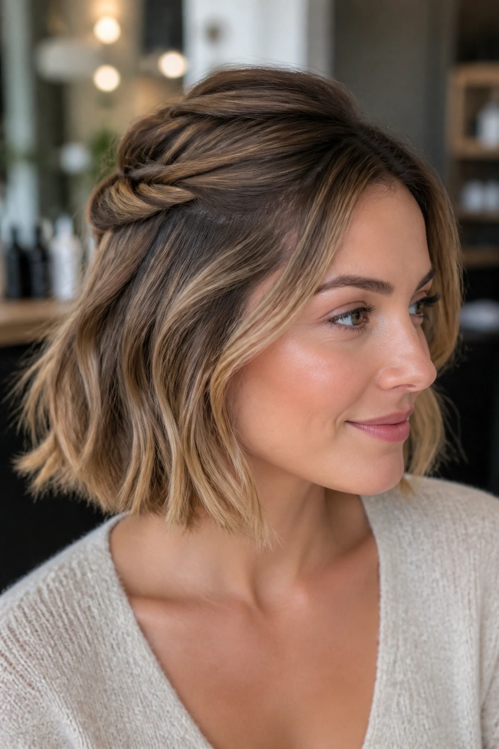 Close-up of a real person with a twisted crown pins hairstyle