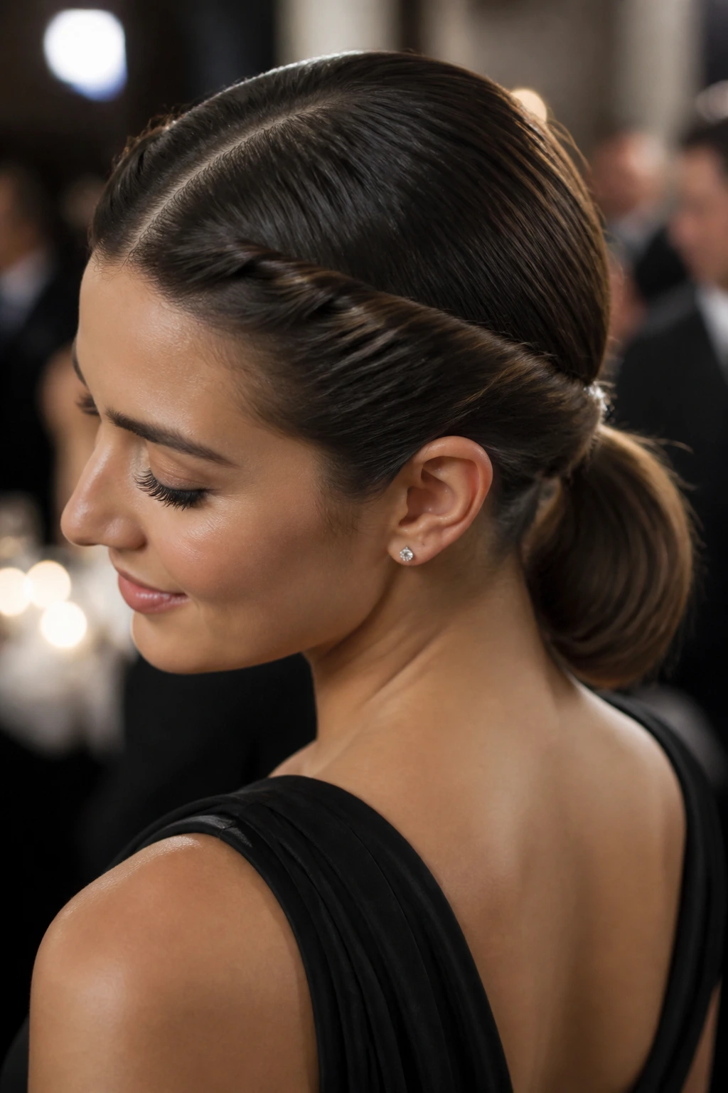 Real woman with twisted crown and low ponytail.