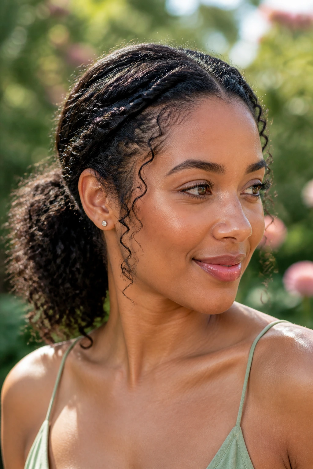Close-up of a real woman wearing a twisted crown ponytail