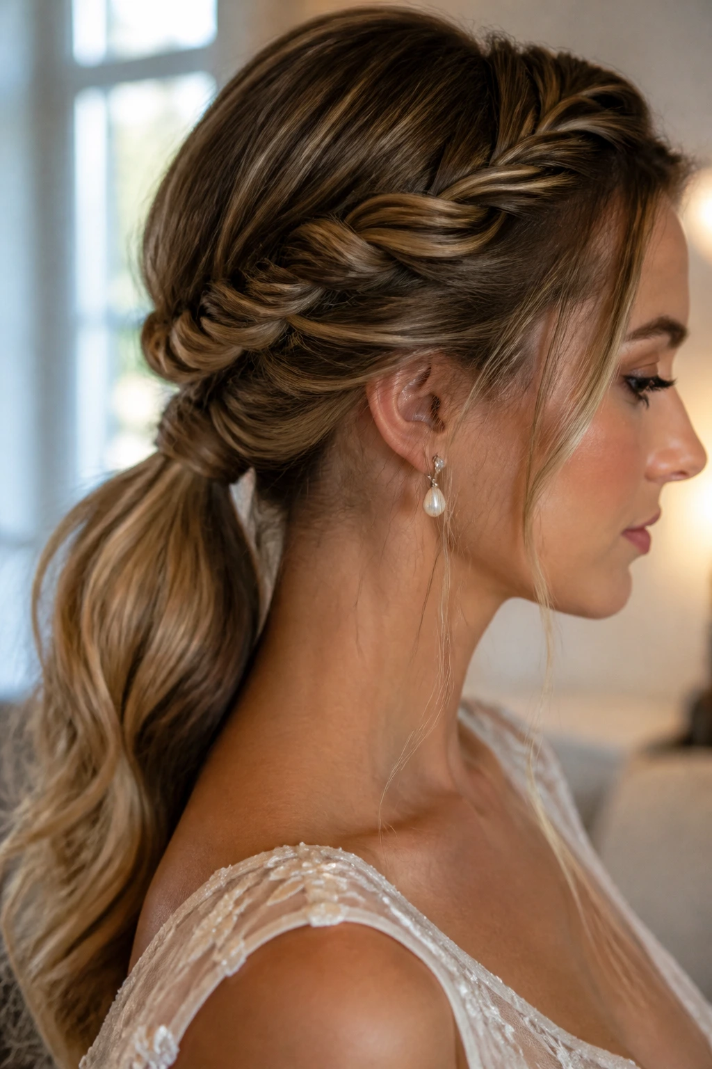 Profile of bride with twisted crown into a low ponytail