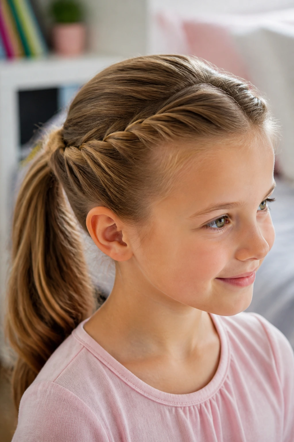 Close-up of a girl with twists forming a crown into a ponytail