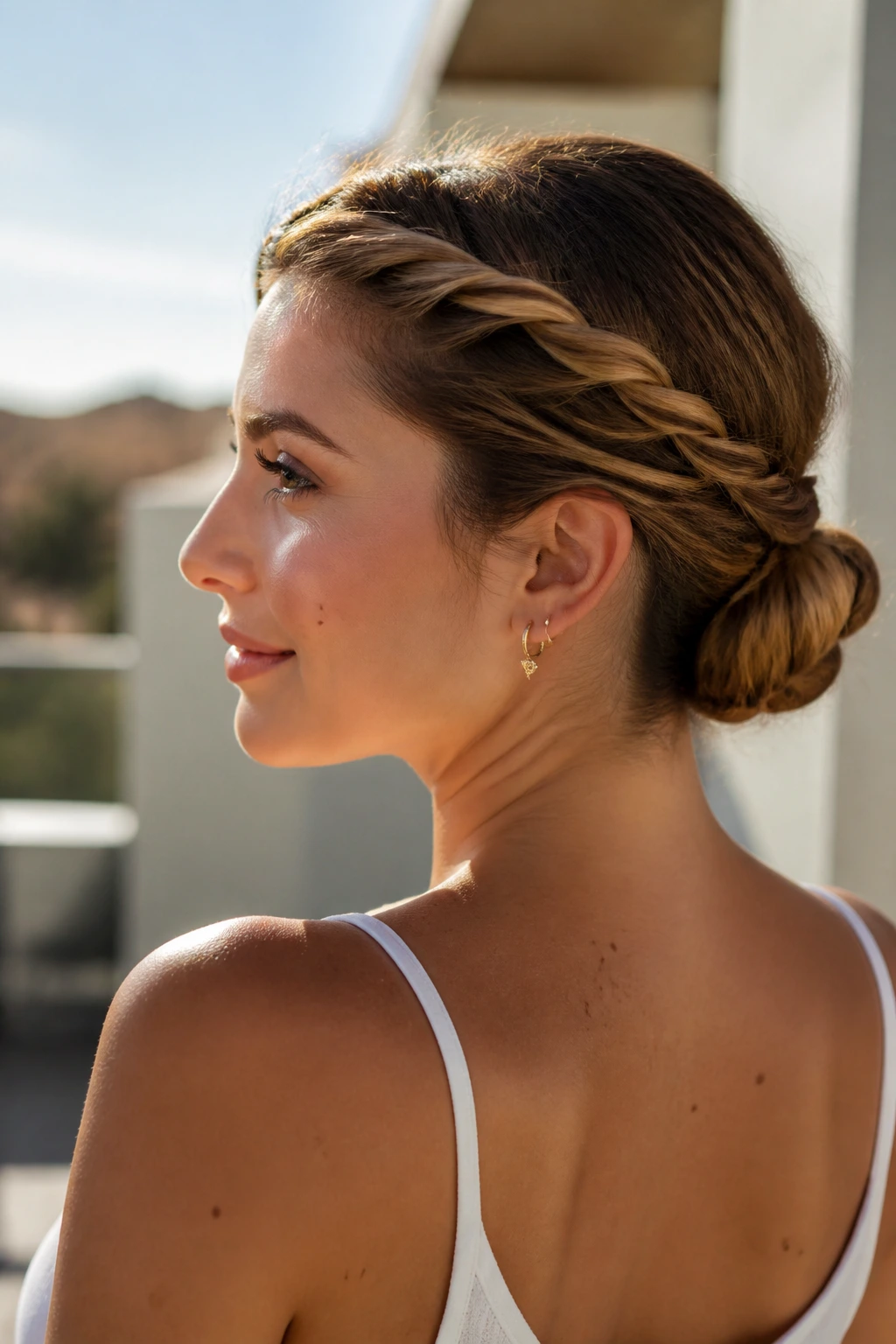 Portrait of a real woman with a twisted crown ponytail roll hairstyle
