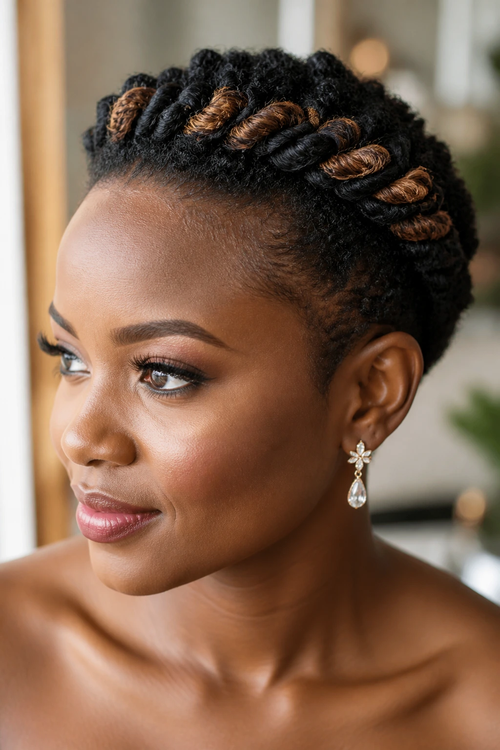 Close-up of a bride with a twisted crown hairstyle on short natural hair
