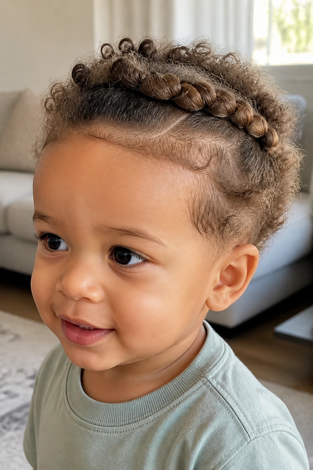 Close-up of toddler boy with twisted crown hairstyle