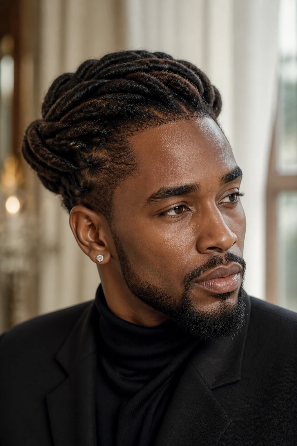 Close-up portrait of a man with twisted crown updo indoors by window light