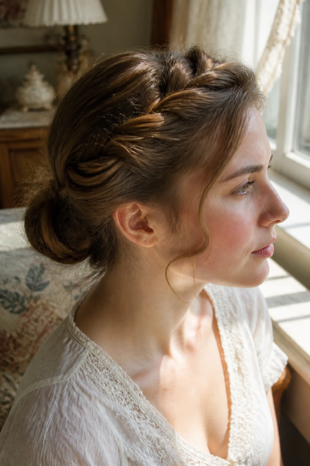 Close-up portrait of a real woman with a twisted crown updo in a sunlit room.