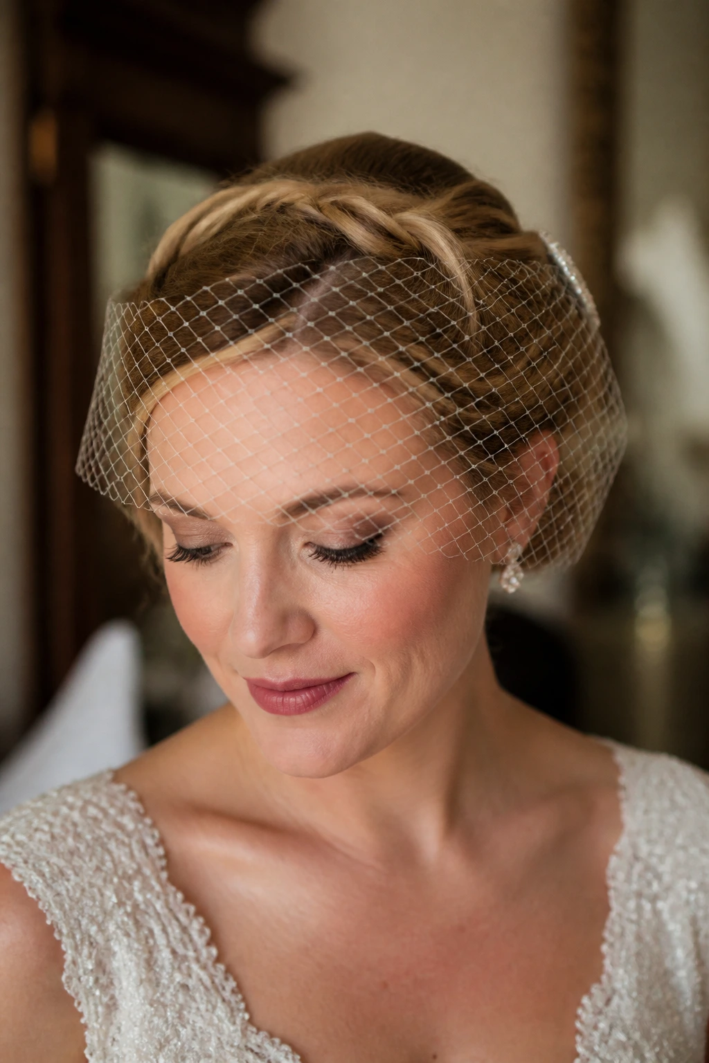 Close-up of a real bride wearing a twisted crown with net veil