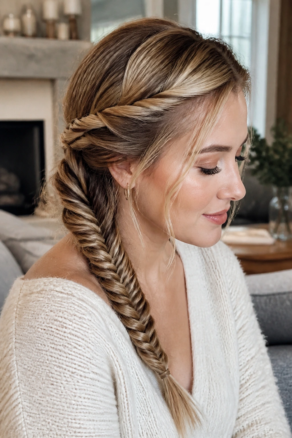 Close-up of real person with twisted side fishtail for fine hair