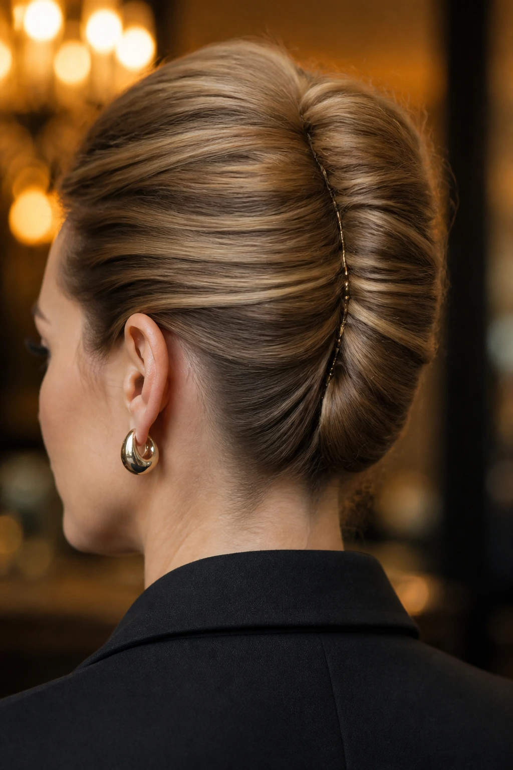 Close-up of a woman with a twisted French roll and pin line