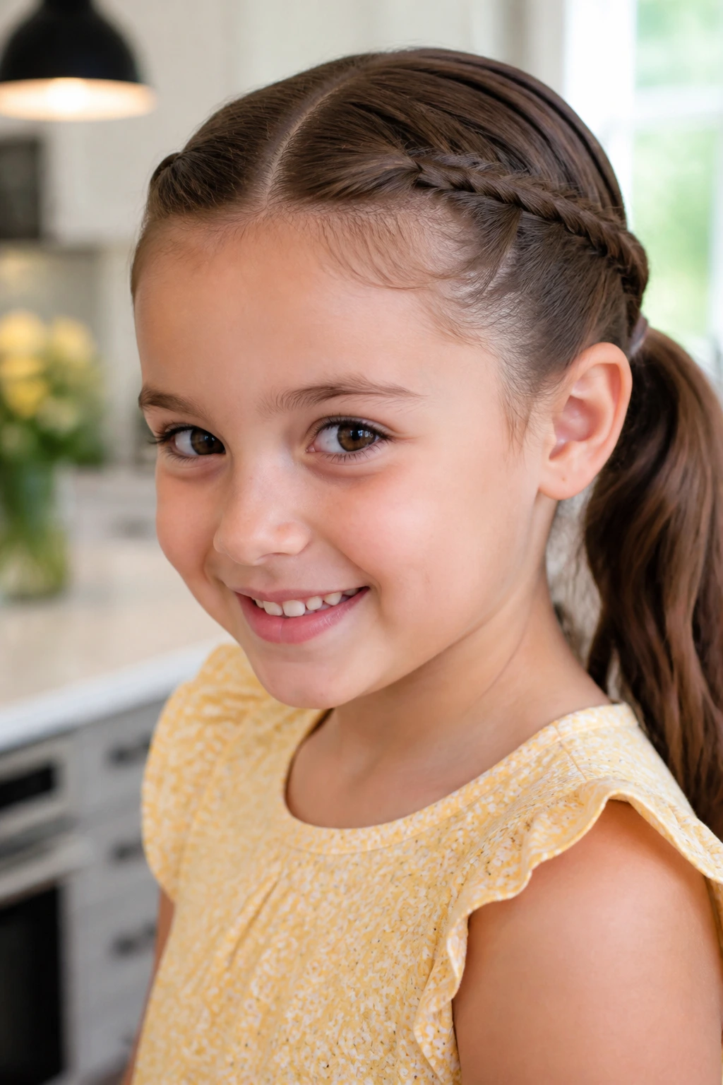 Child with two front twists tied into a ponytail