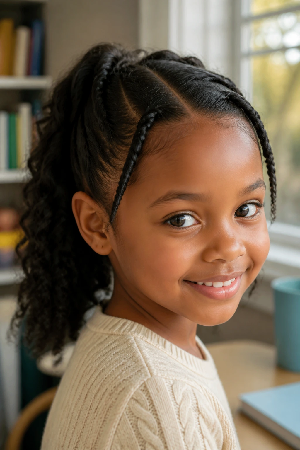 Close-up of a real child with twisted-front pony hairstyle