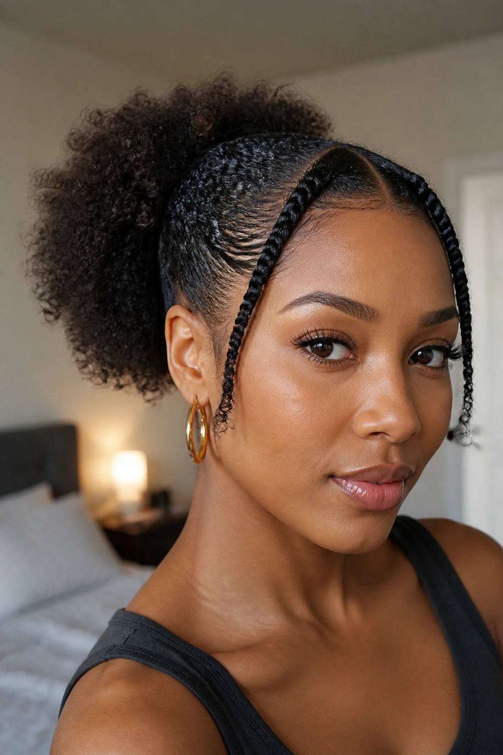 Close-up of a puff ponytail with twisted front pieces on a real person