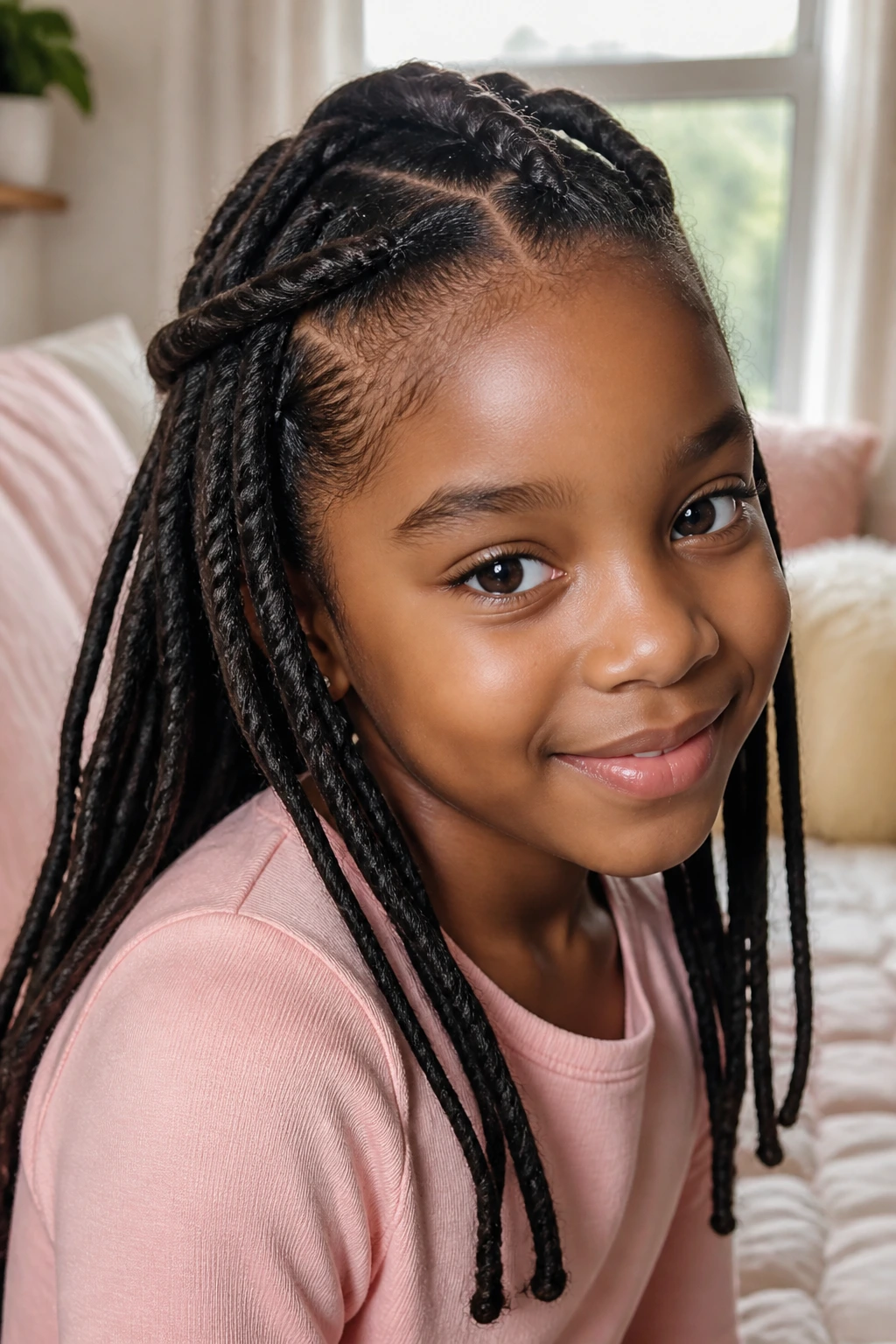 Close-up of a real child with twisted front rows framing the face