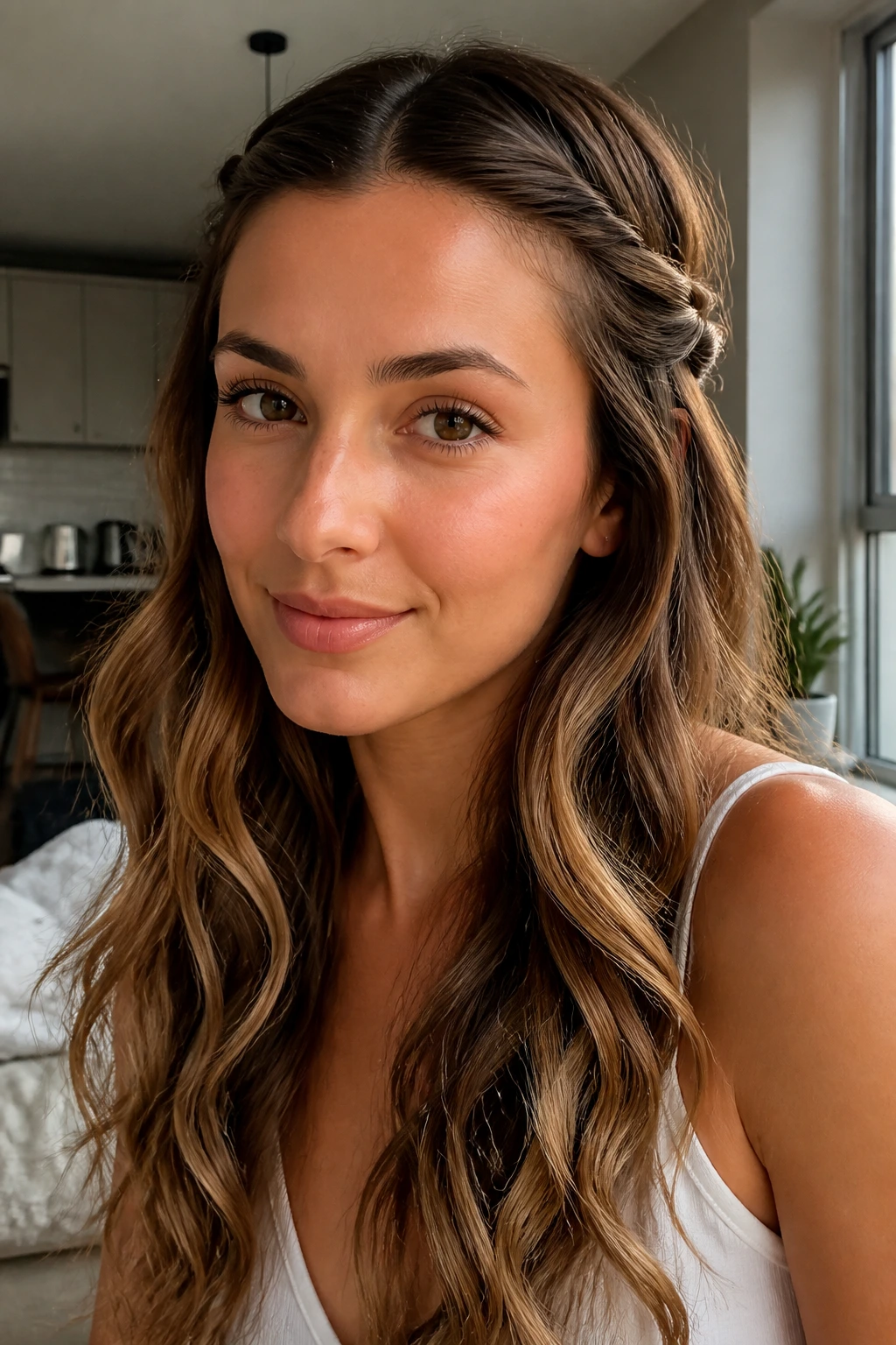 Close-up of a real woman with twisted front pieces and loose waves