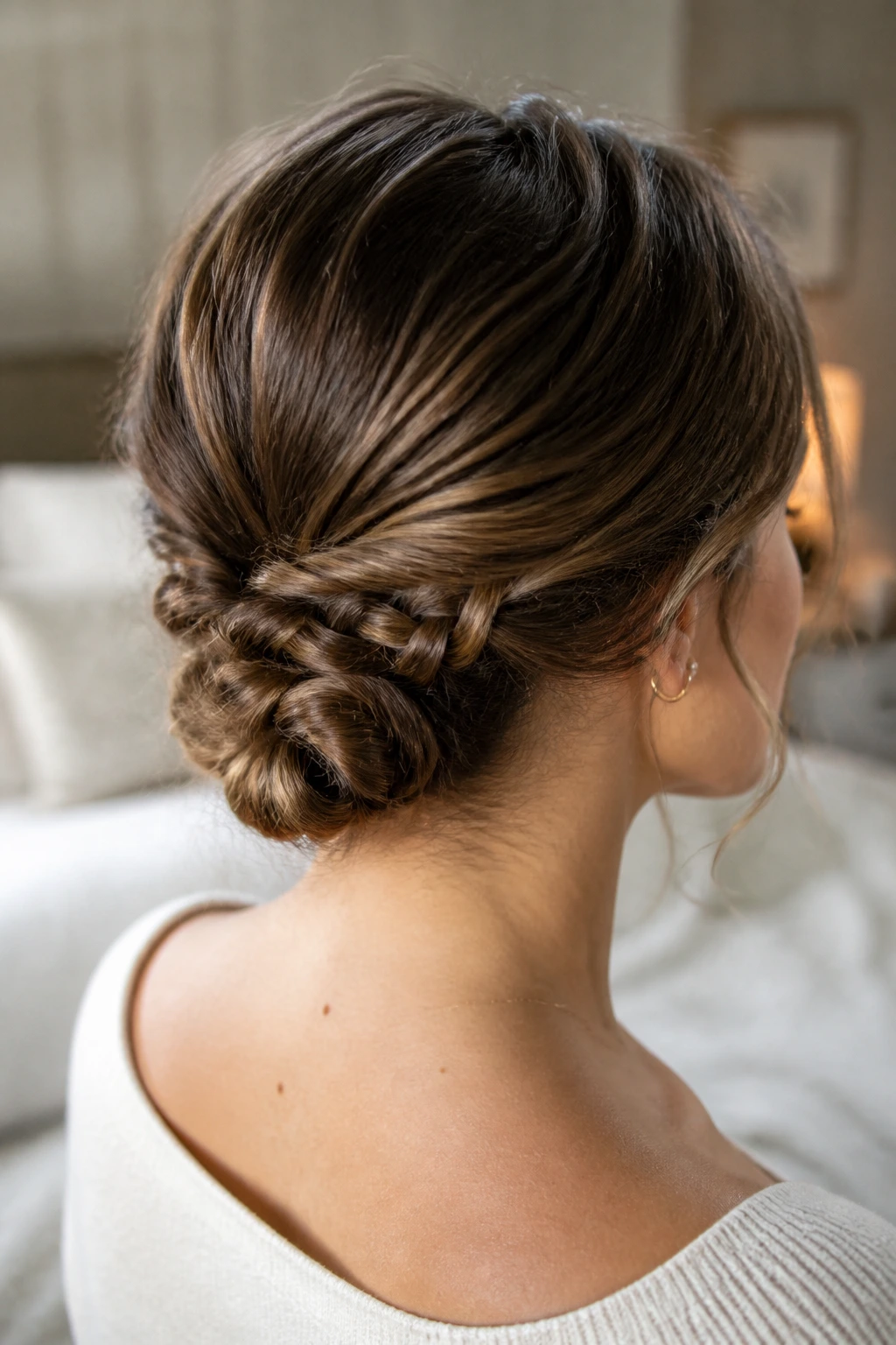 Close-up of a real woman wearing a twisted garland chignon at the nape