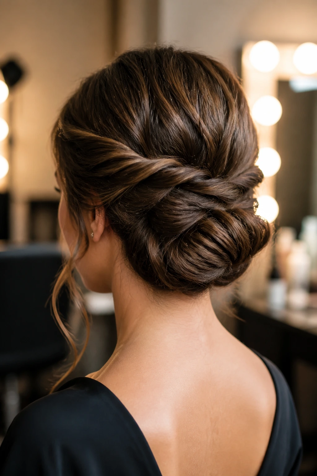 Close-up of a twisted Gibson tuck at the back of a real woman's head in a backstage dressing room.