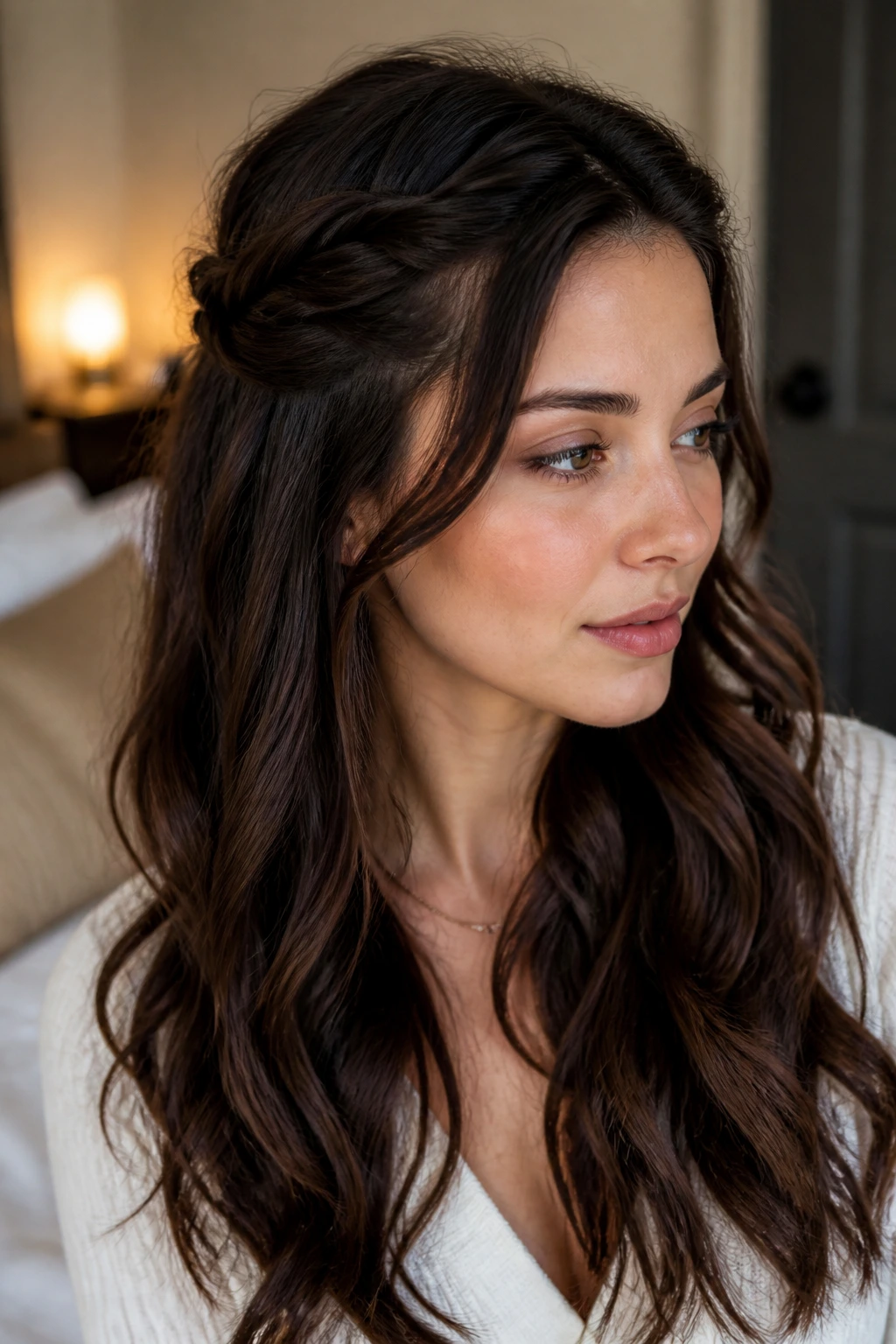 Real woman with twisted half crown hairstyle and loose waves in a cozy room