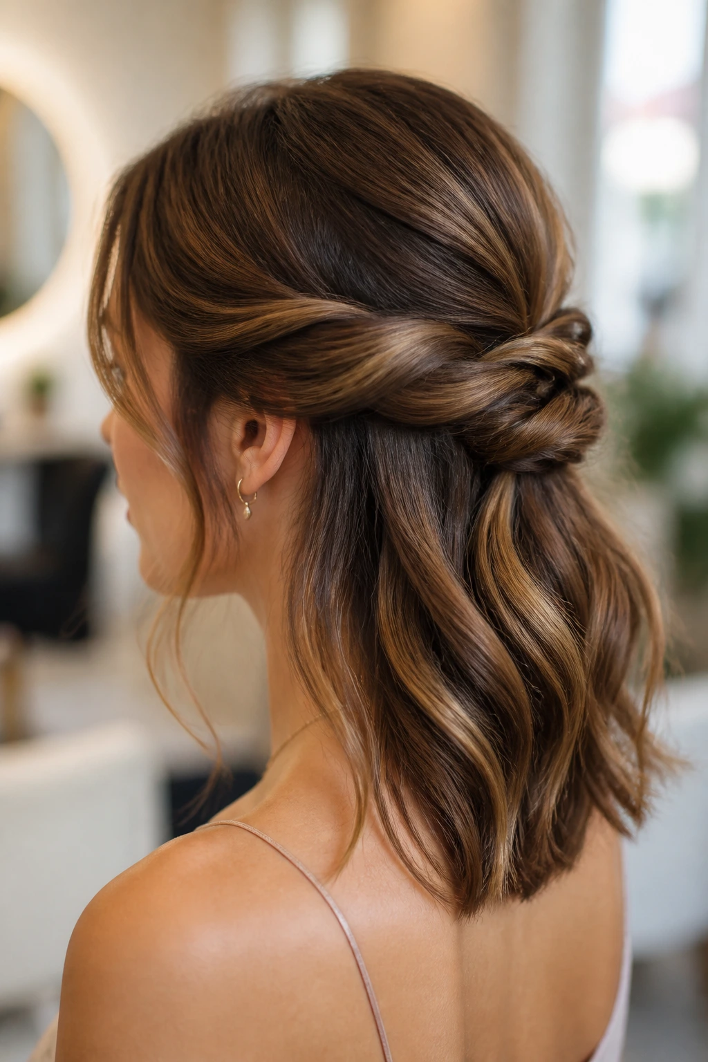Profile of woman with twisted low half-knot hairstyle