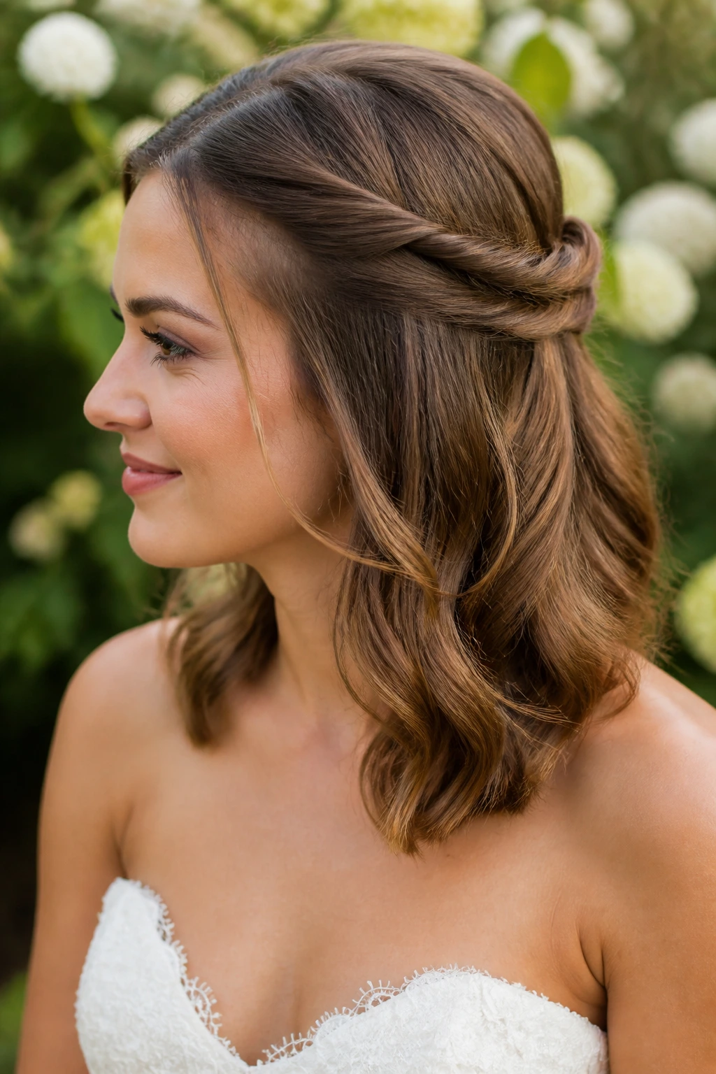 Bride with twisted half-up hairstyle on medium-length hair.
