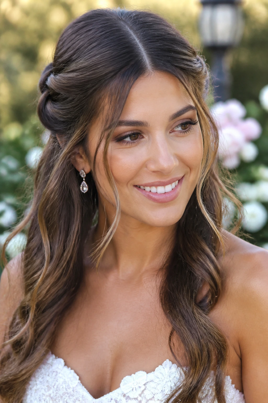 Bride with twisted half-up hairstyle and loose length.