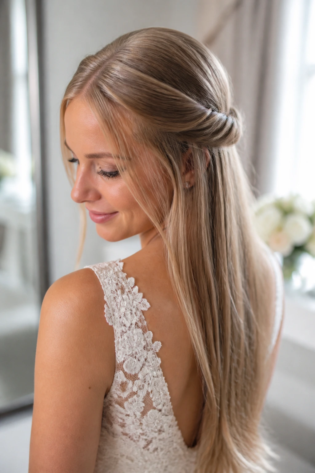 Close-up of a real bride with a soft twisted half-up hairstyle and long straight ends.