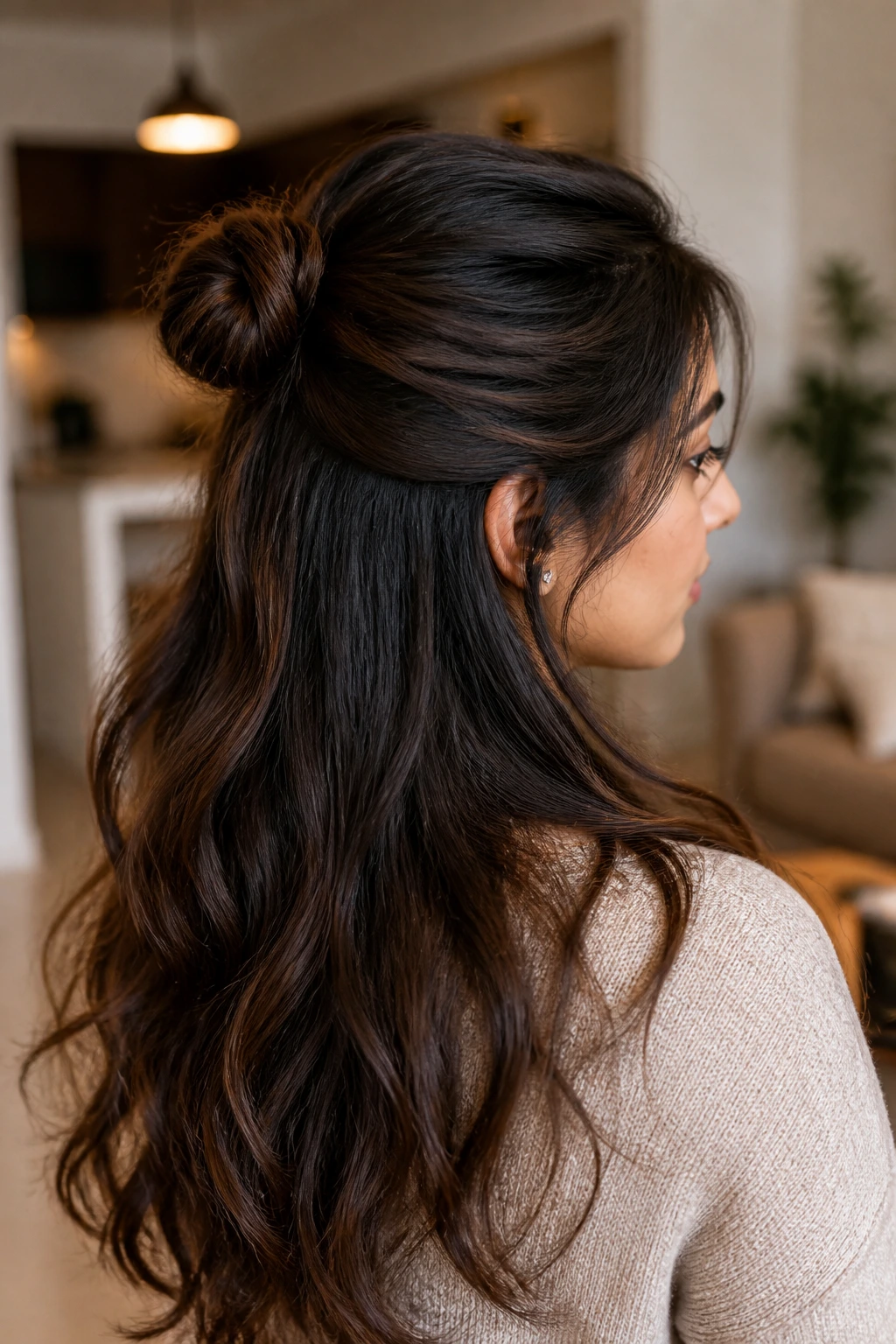 Close-up of a woman showing twisted half-up bun with loose length in warm home lighting