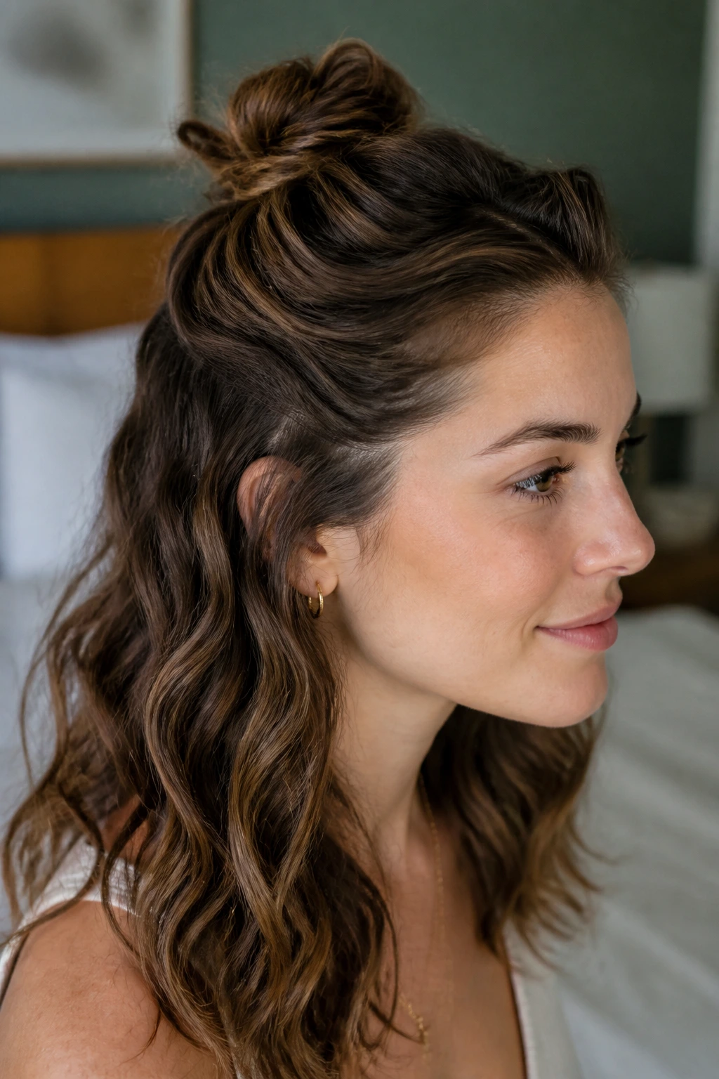 Close-up of Twisted Half-Up Bun on a real woman with crown bun and loose wave ends
