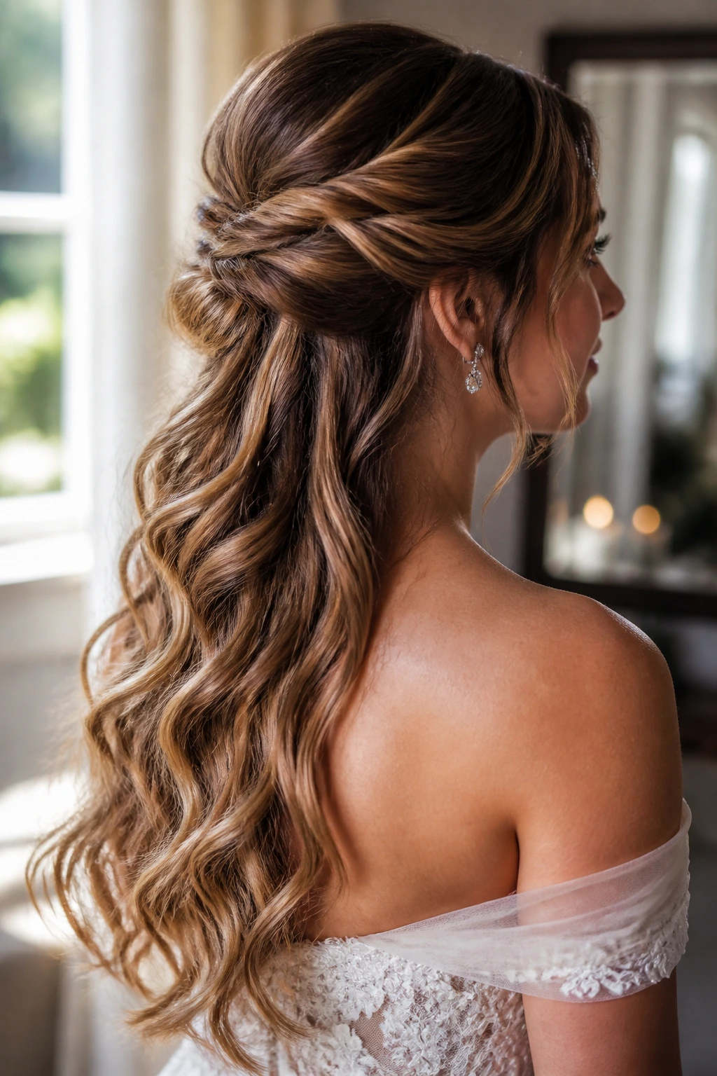 Close-up of a real bride with a twisted half-up hairstyle and soft cascading waves