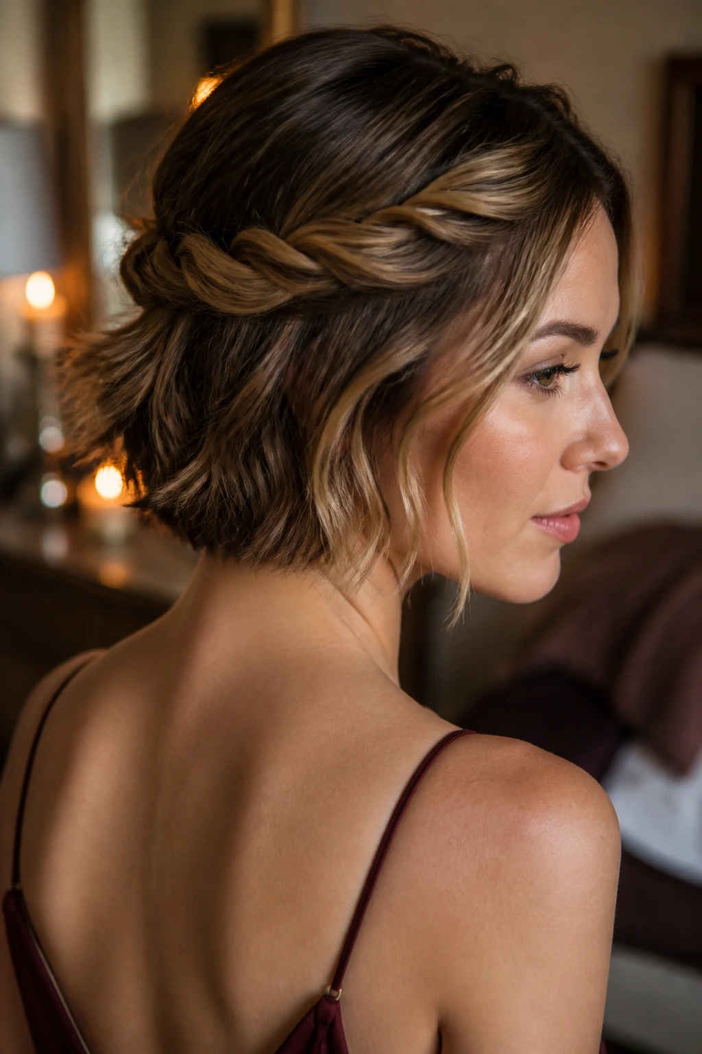Close-up of short layered hair with a twisted half-up crown pinned at the back