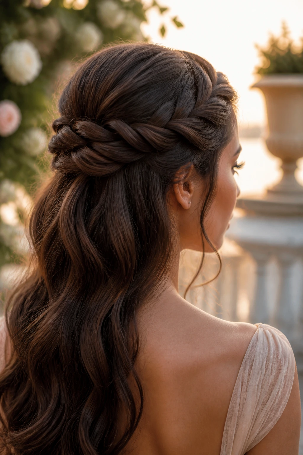 Close-up portrait of a real woman with twisted half-up crown hairstyle