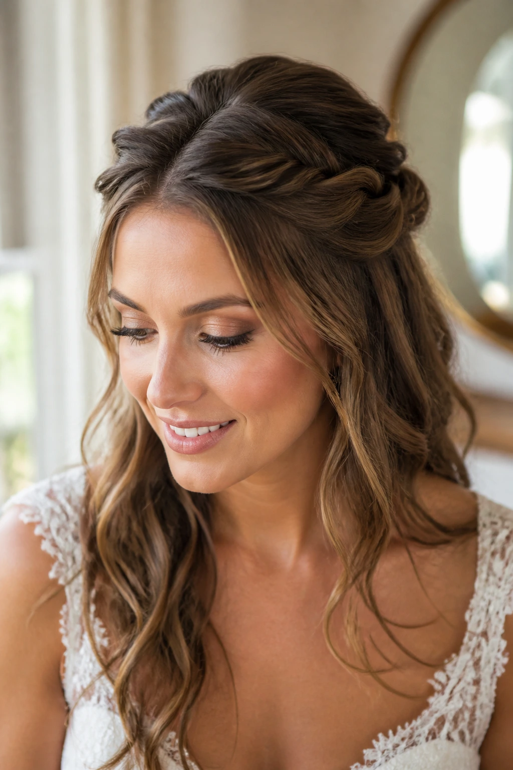 Close-up of a real bride with twisted half-up crown hairstyle