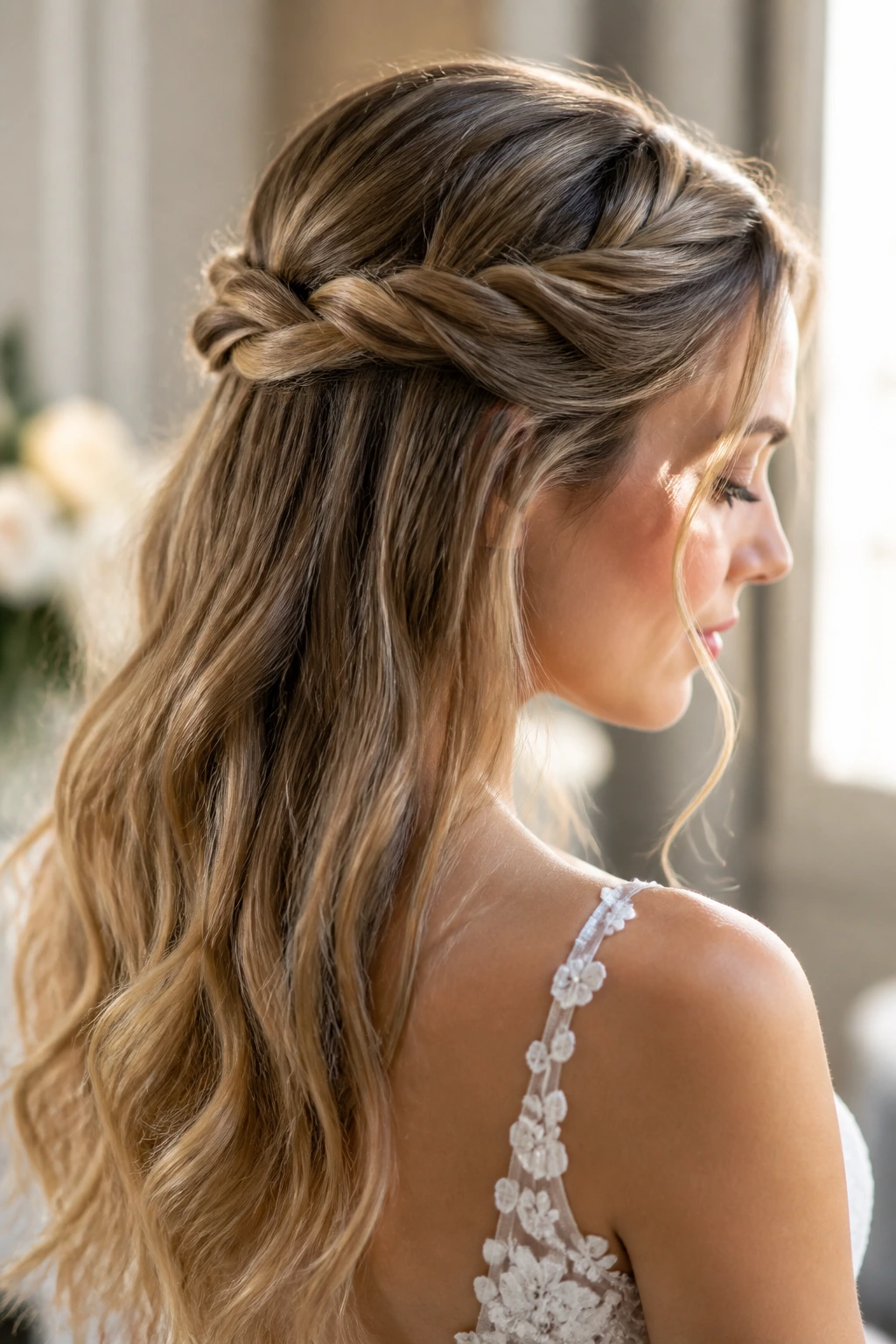 Close-up of a real person with a twisted half-up crown hairstyle in warm bridal light