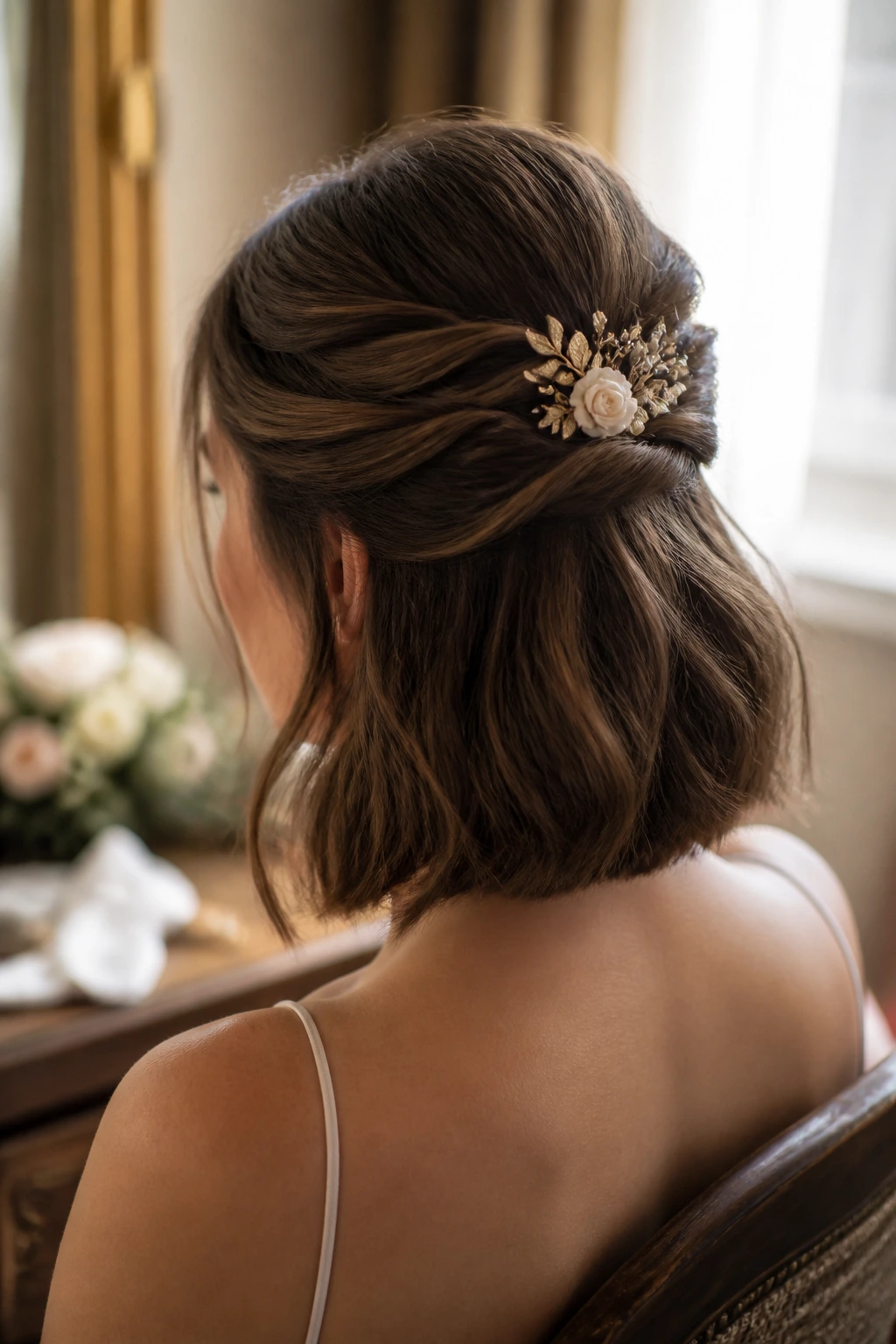 Close-up of a real person with a twisted half-up hairstyle secured by a small floral comb