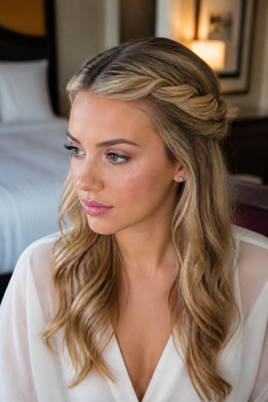 Close-up of twisted half-up halo on a real woman