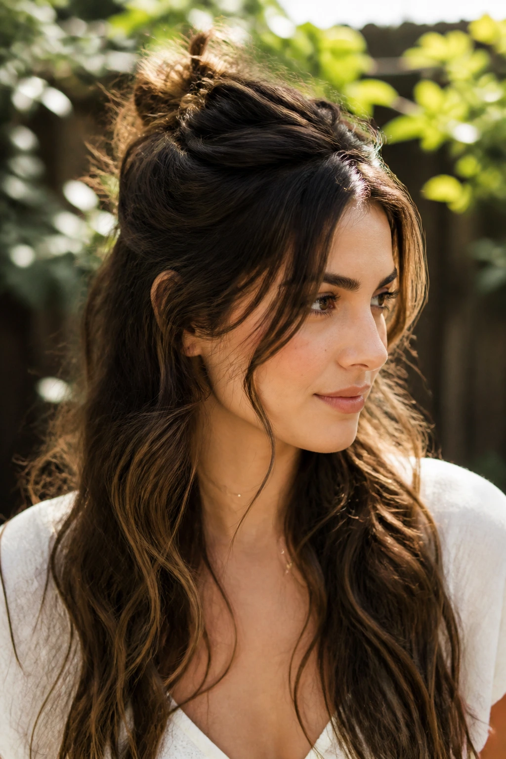 Portrait of a woman with twisted half-up knot and flowing waves
