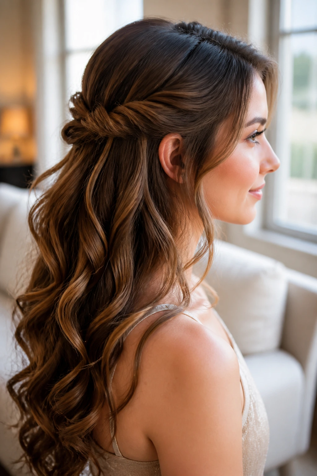 Portrait of a woman with a twisted half-up knot and flowing ends