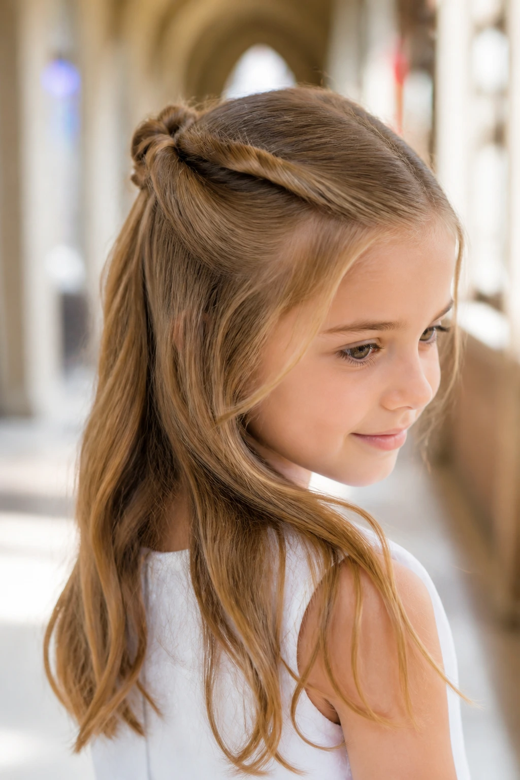 Three-quarter view of a girl with a twisted half-up knot at the crown