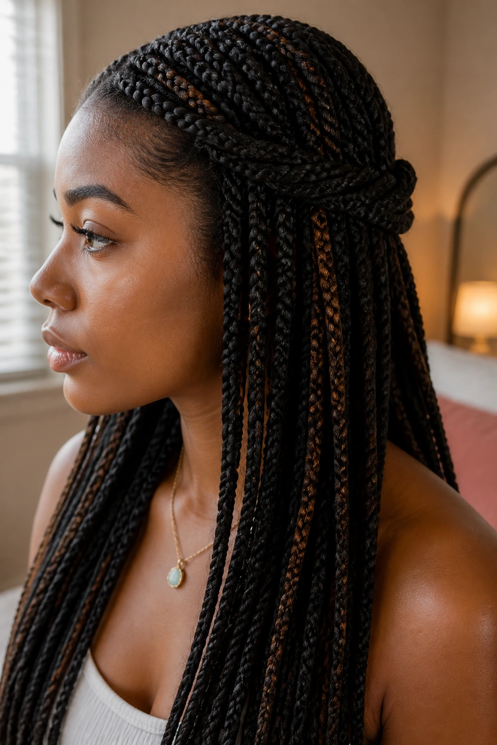 Twisted half-up knot on long box braids on real person