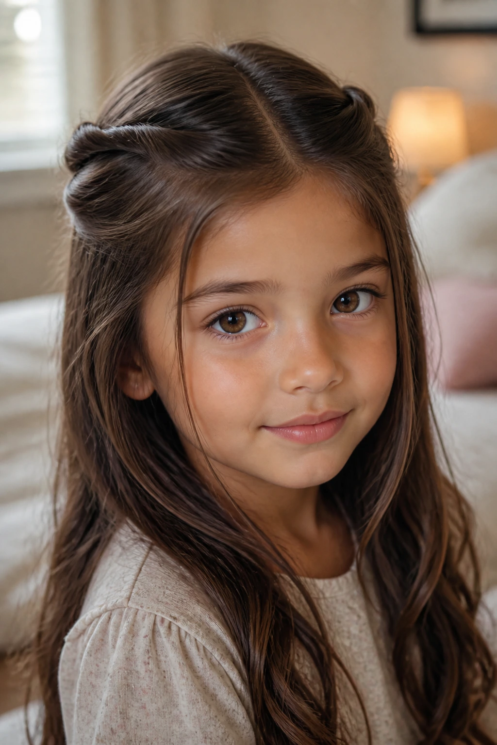Close-up of brunette girl with twisted half-up knot, warm bedroom light