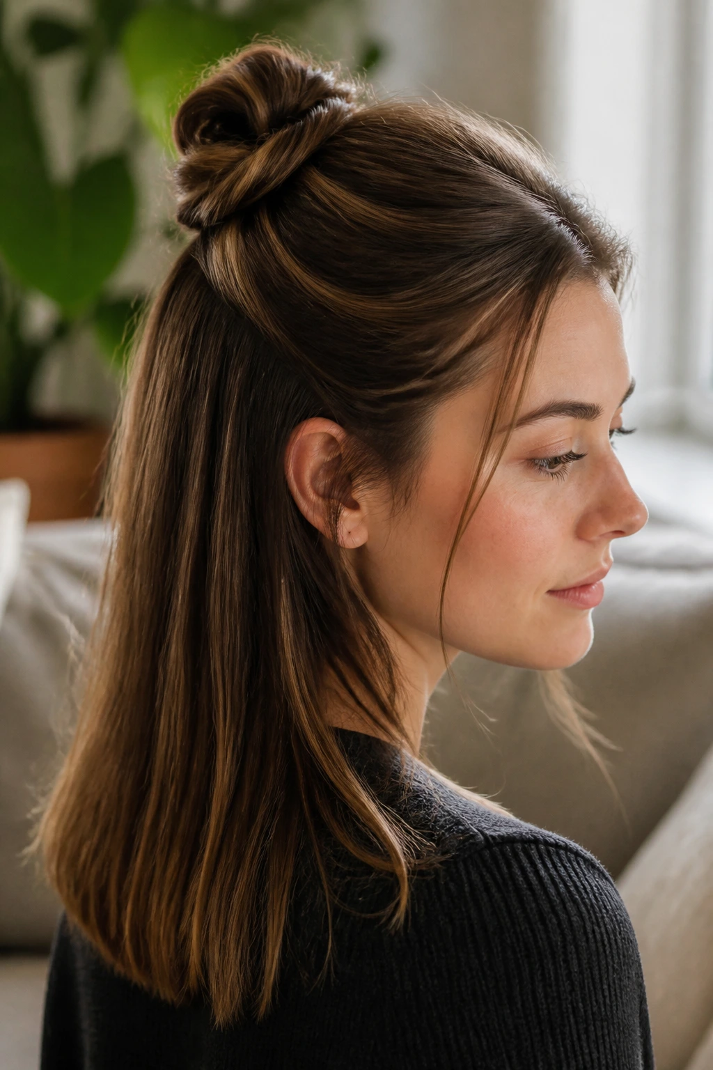 Close-up of a real woman with a twisted half-up knot, hair straight below, in a cozy home setting.