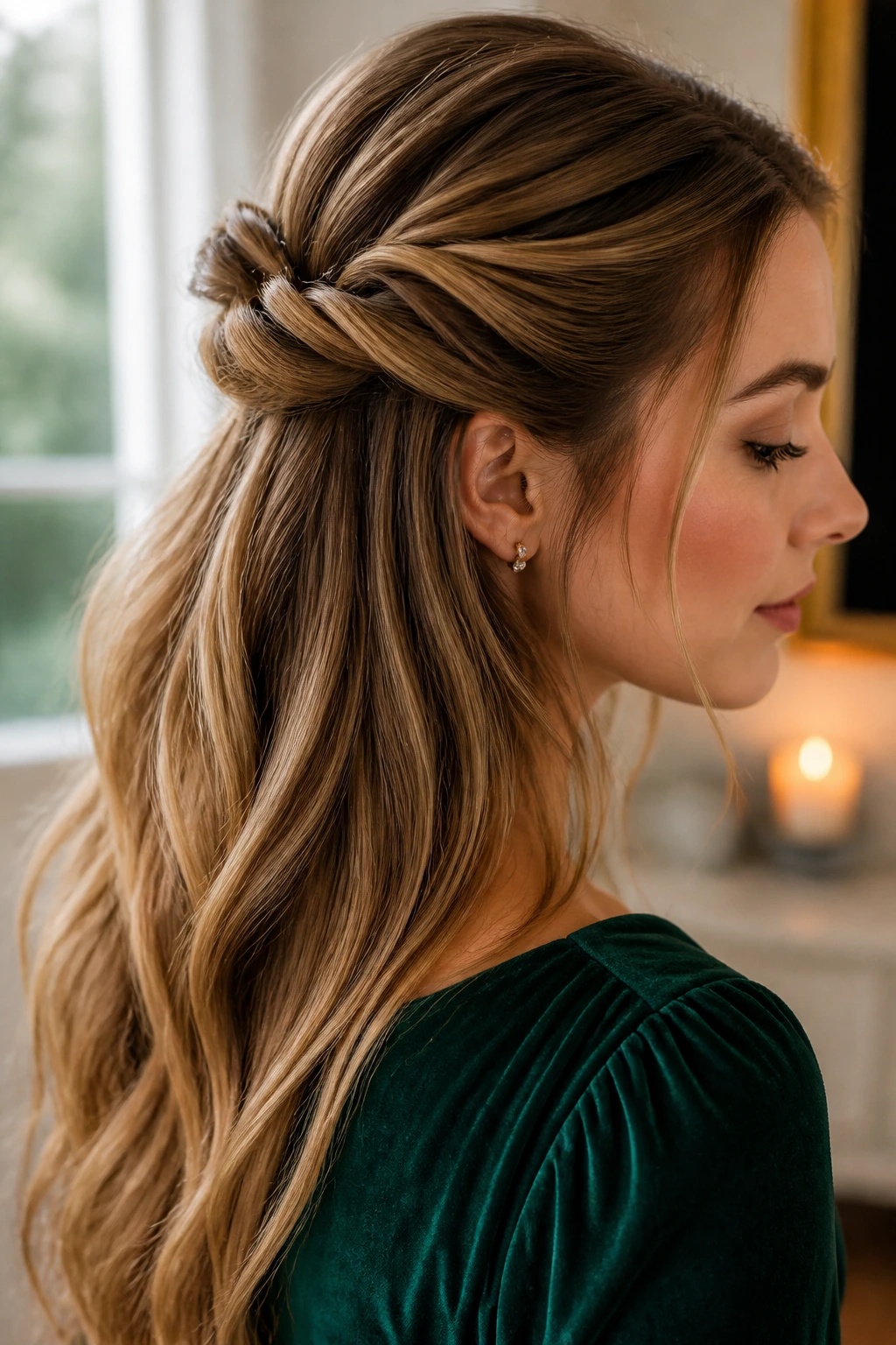 Close-up portrait of a real woman with twisted half-up knot hairstyle