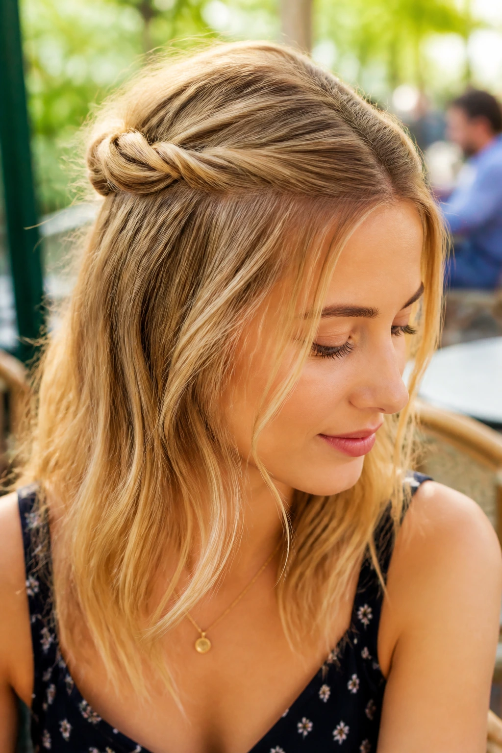 Close-up of person with twisted half-up knot hairstyle