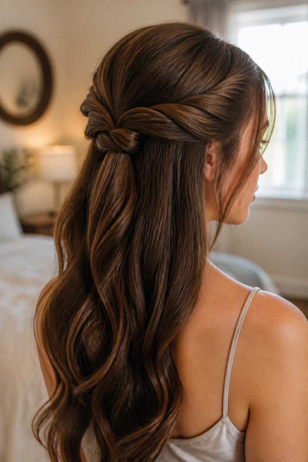 Close-up of a real woman with a twisted half-up knot hairstyle in warm bedroom window light
