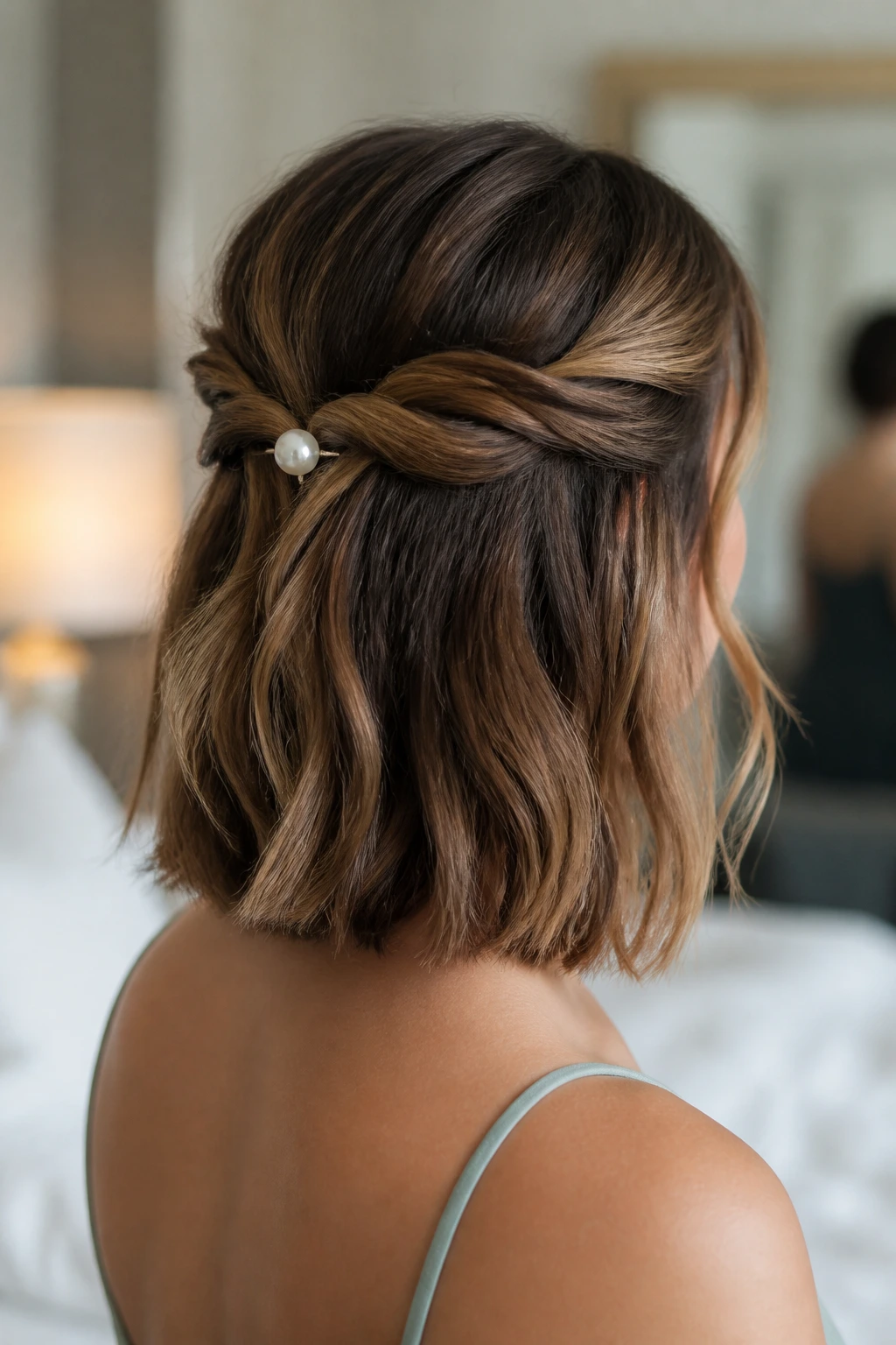 Real woman with twisted half-up crown on a lob hairstyle