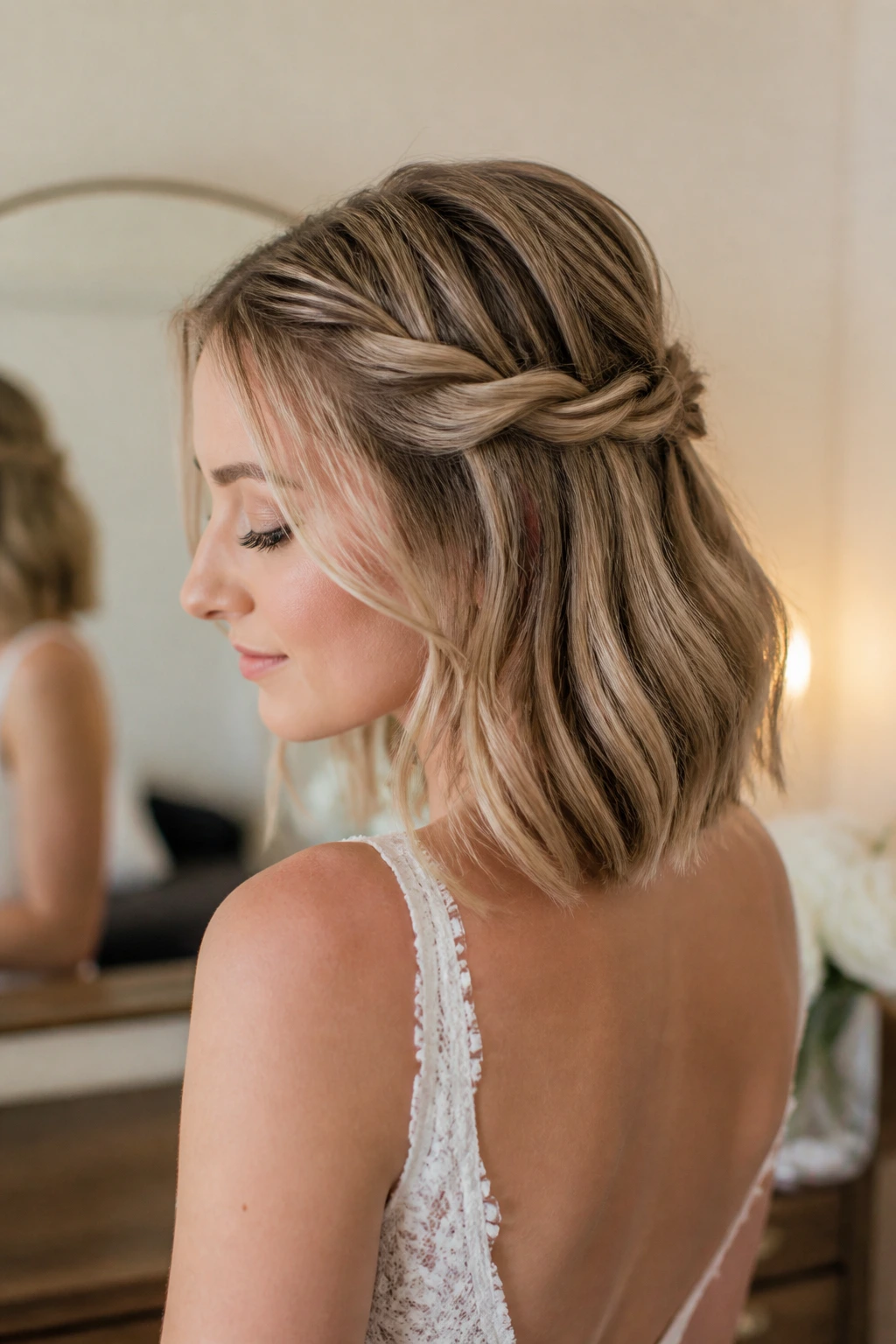 Bride with twisted half-up lob showing two twists at the temples