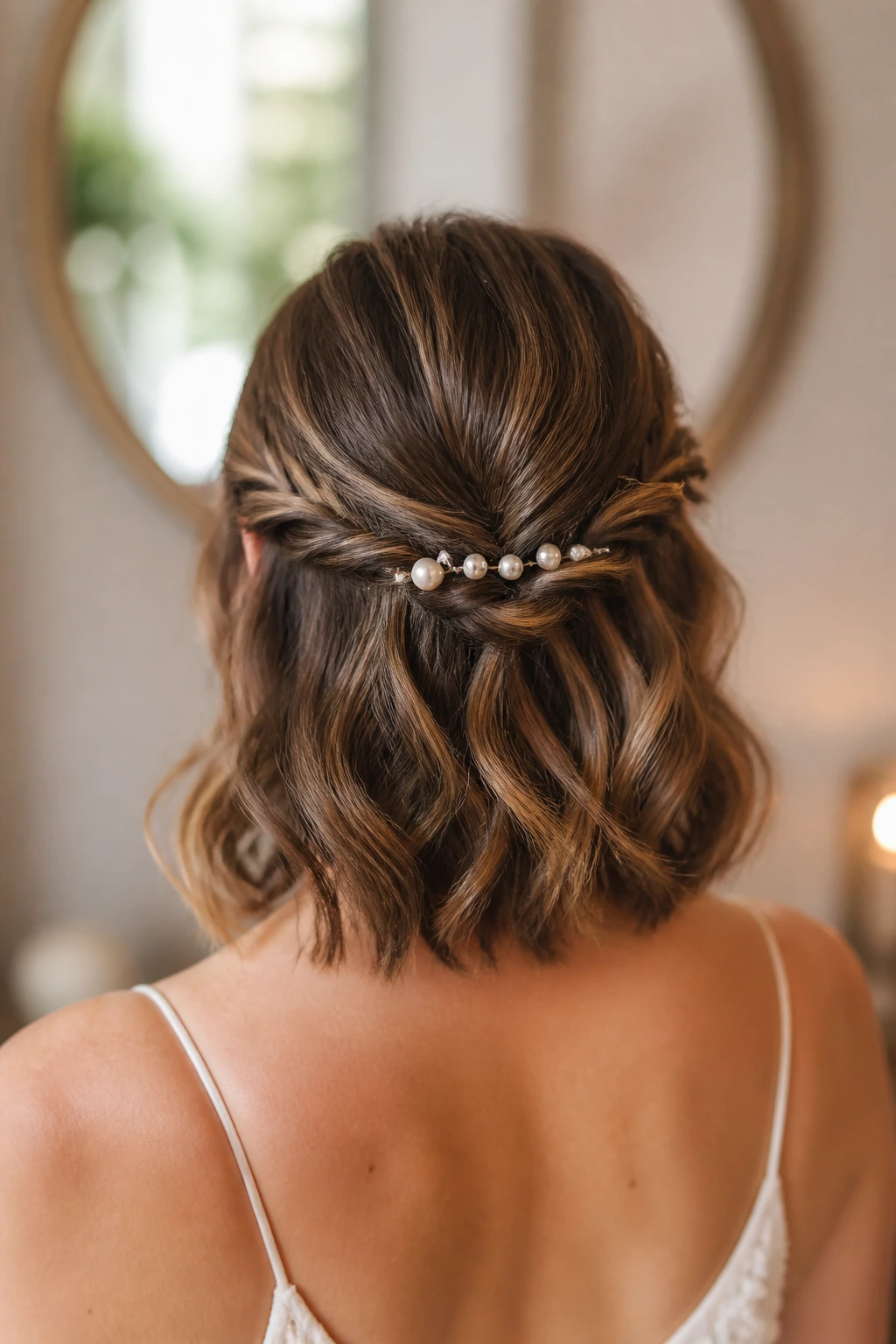 Back-of-head view of a lob twisted half-up with pearl pins