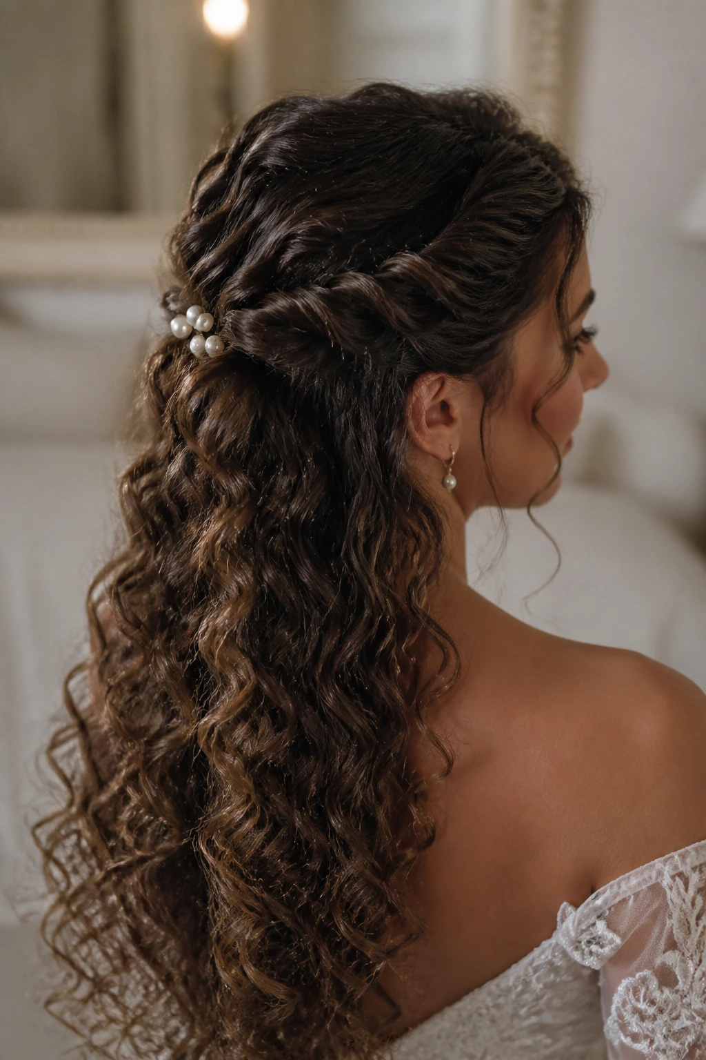 Bride with twisted half-up hairstyle and pearl pins
