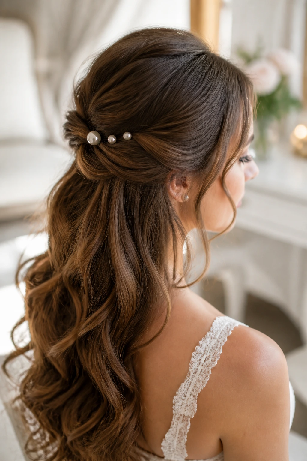 Close-up bride with twisted half-up hairstyle featuring pearl pins