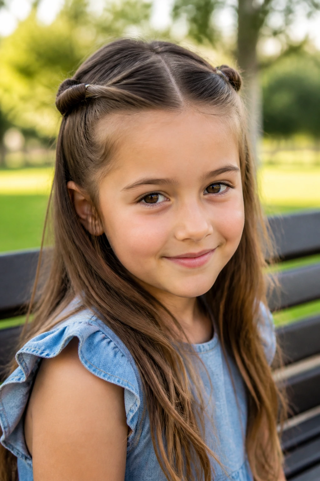 Close-up of a child with twisted half-up pigtails in an outdoor setting